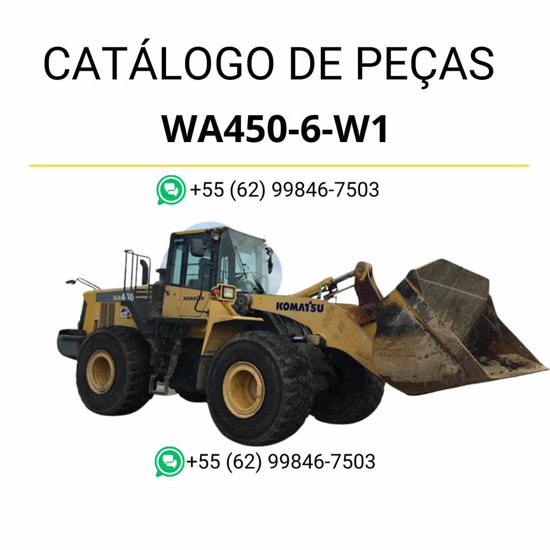 Catálogo de peças Komatsu WA450-6 W1 em PDF, com ilustrações técnicas e referências completas dos componentes da carregadeira de rodas.