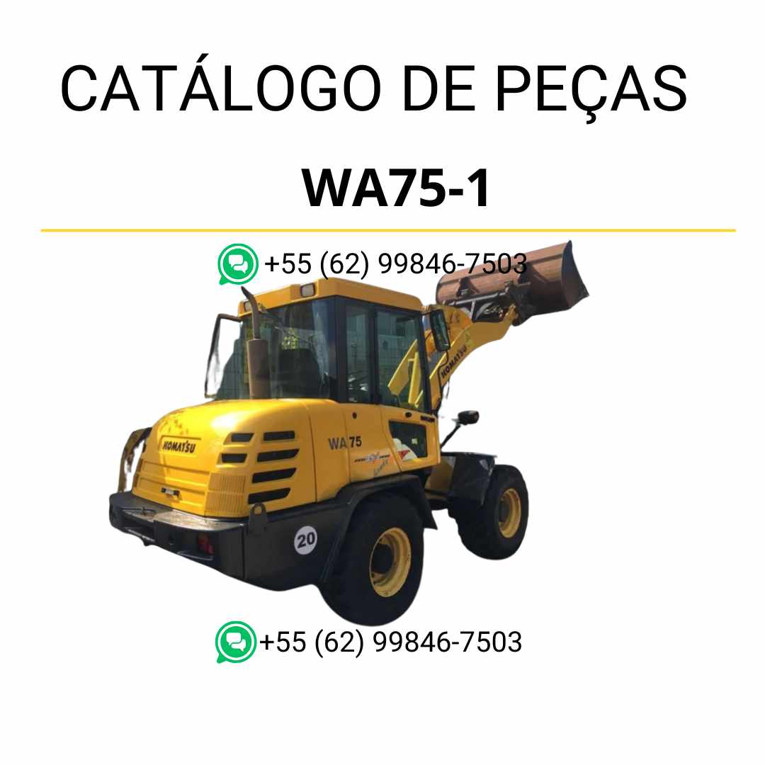 Catálogo de peças Komatsu WA75-1 em PDF com diagramas detalhados e lista de componentes originais da carregadeira de rodas.