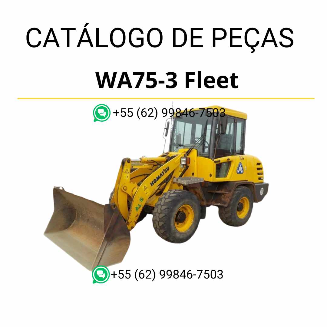 Catálogo de peças Komatsu WA75-3 em PDF com ilustrações técnicas e identificação completa de componentes da carregadeira de rodas.