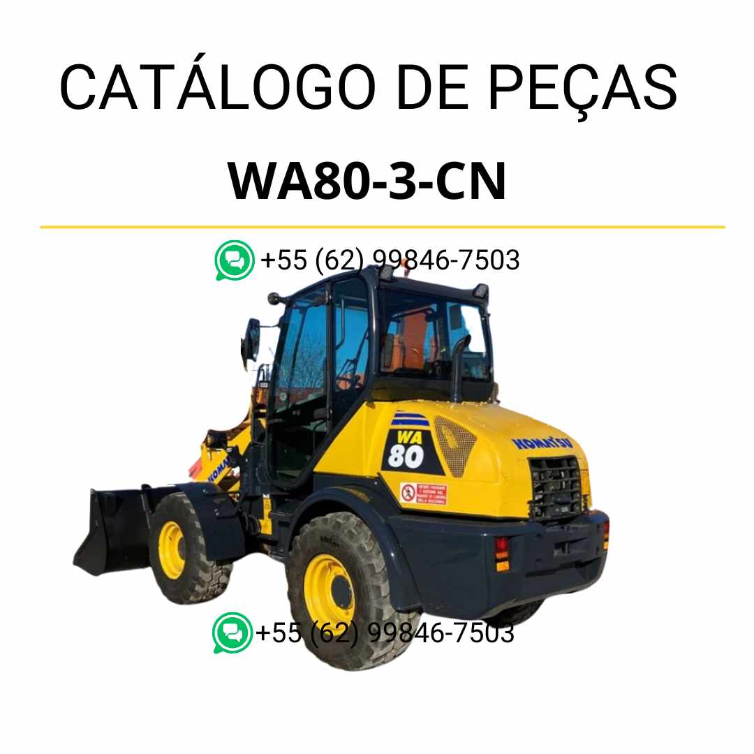 Catálogo de peças Komatsu WA80-3-CN em PDF com diagramas ilustrados e identificação detalhada dos componentes da carregadeira de rodas.