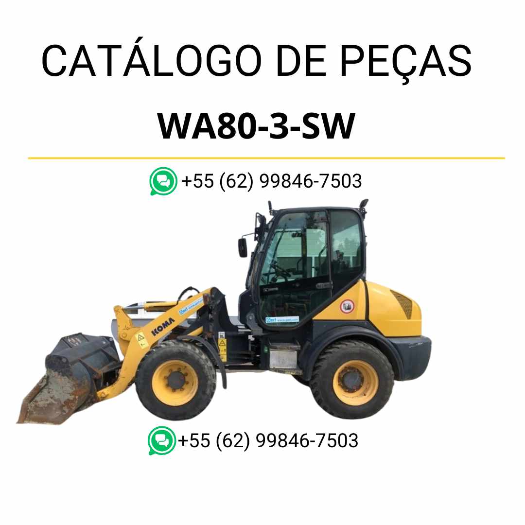 Catálogo de peças Komatsu WA80-3-SW em PDF, contendo diagramas ilustrados e identificação detalhada dos componentes da carregadeira de rodas.