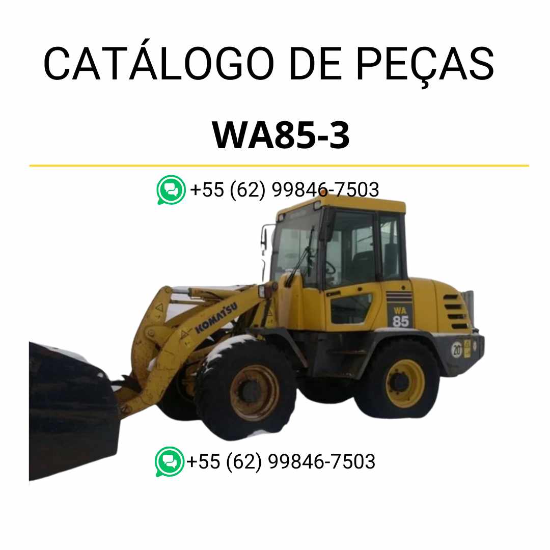 Catálogo de peças Komatsu WA85-3 em PDF com diagramas detalhados e códigos OEM para manutenção da carregadeira de rodas.