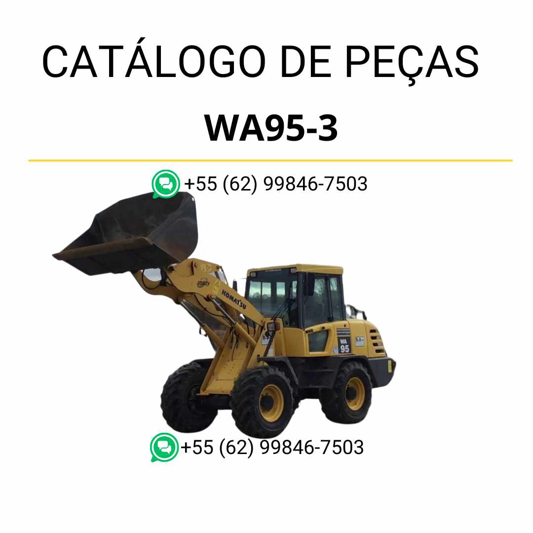 Catálogo de peças Komatsu WA95-3 em PDF, apresentando diagramas completos e identificação técnica dos componentes da carregadeira de rodas.