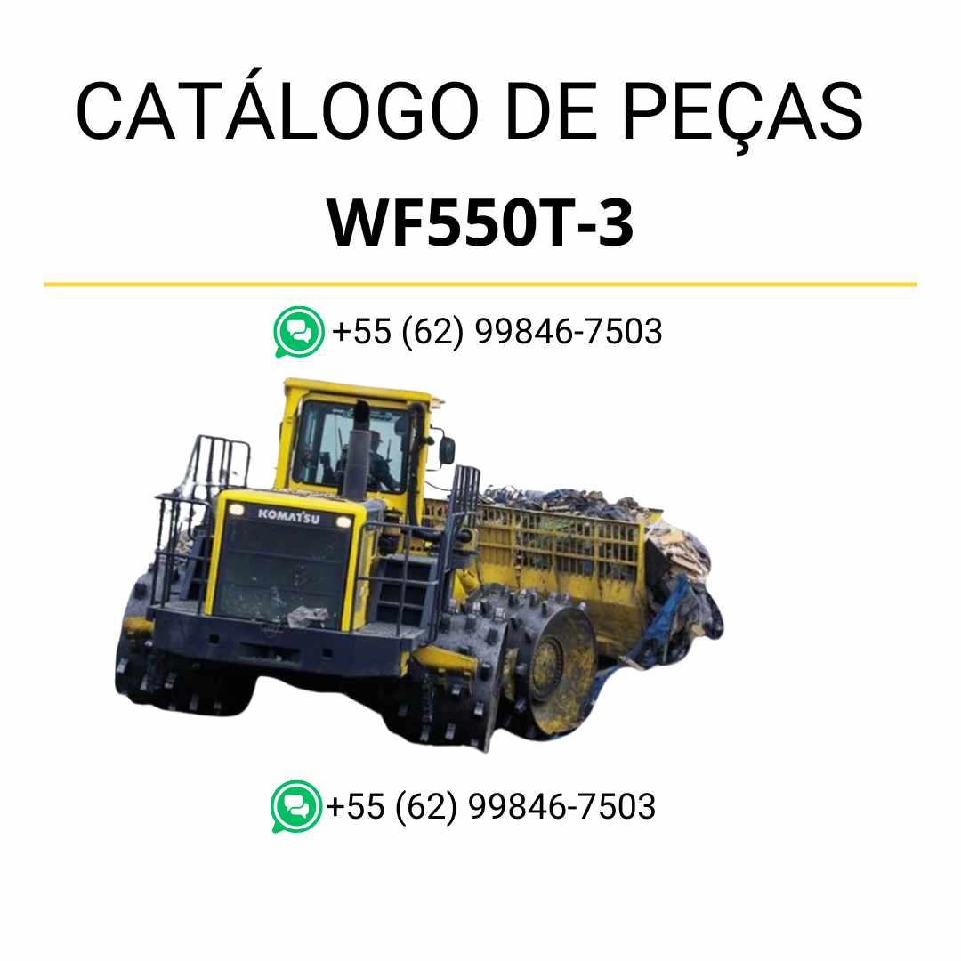 Catálogo de peças Komatsu WF550T-3 em PDF, com ilustrações técnicas e identificação detalhada de componentes do compactador e carregador