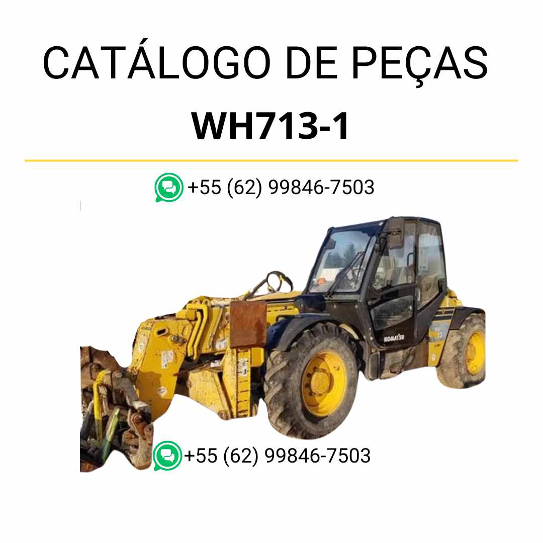 Catálogo de peças Komatsu WH713-1 em PDF com vistas explodidas e detalhamento técnico dos componentes do manipulador telescópico.