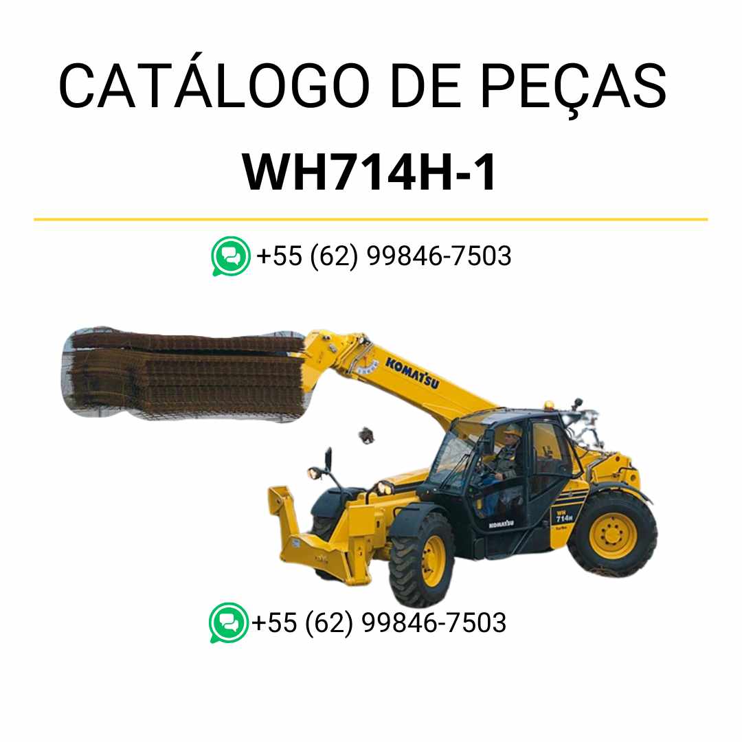 Catálogo de peças Komatsu WH714H-1 em PDF com ilustrações técnicas e lista de componentes originais do manipulador telescópico.