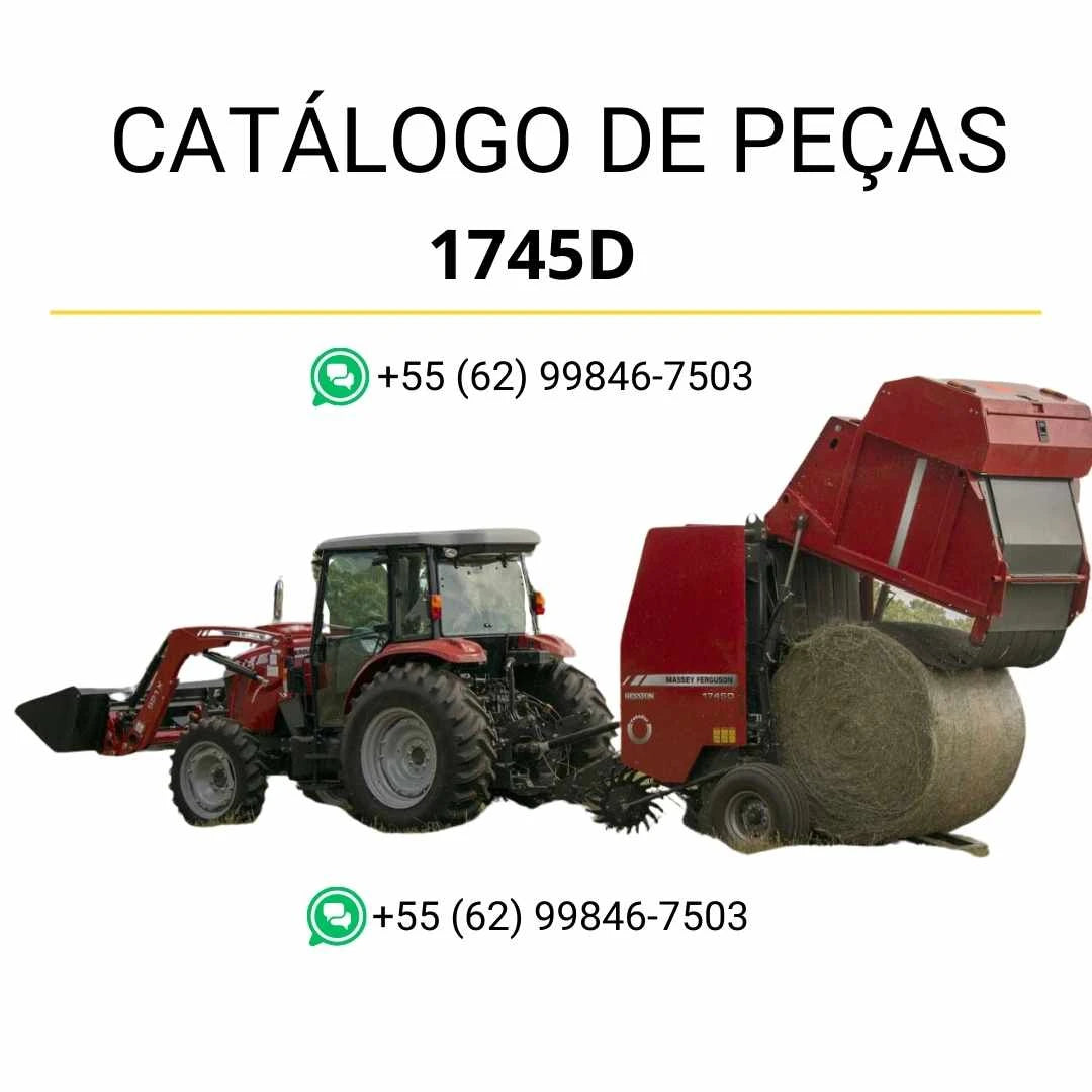 Catálogo de peças Massey Ferguson 1745 e 1745D enfardadeira de rolos em PDF, com ilustrações técnicas e identificação completa dos conjuntos mecânicos.