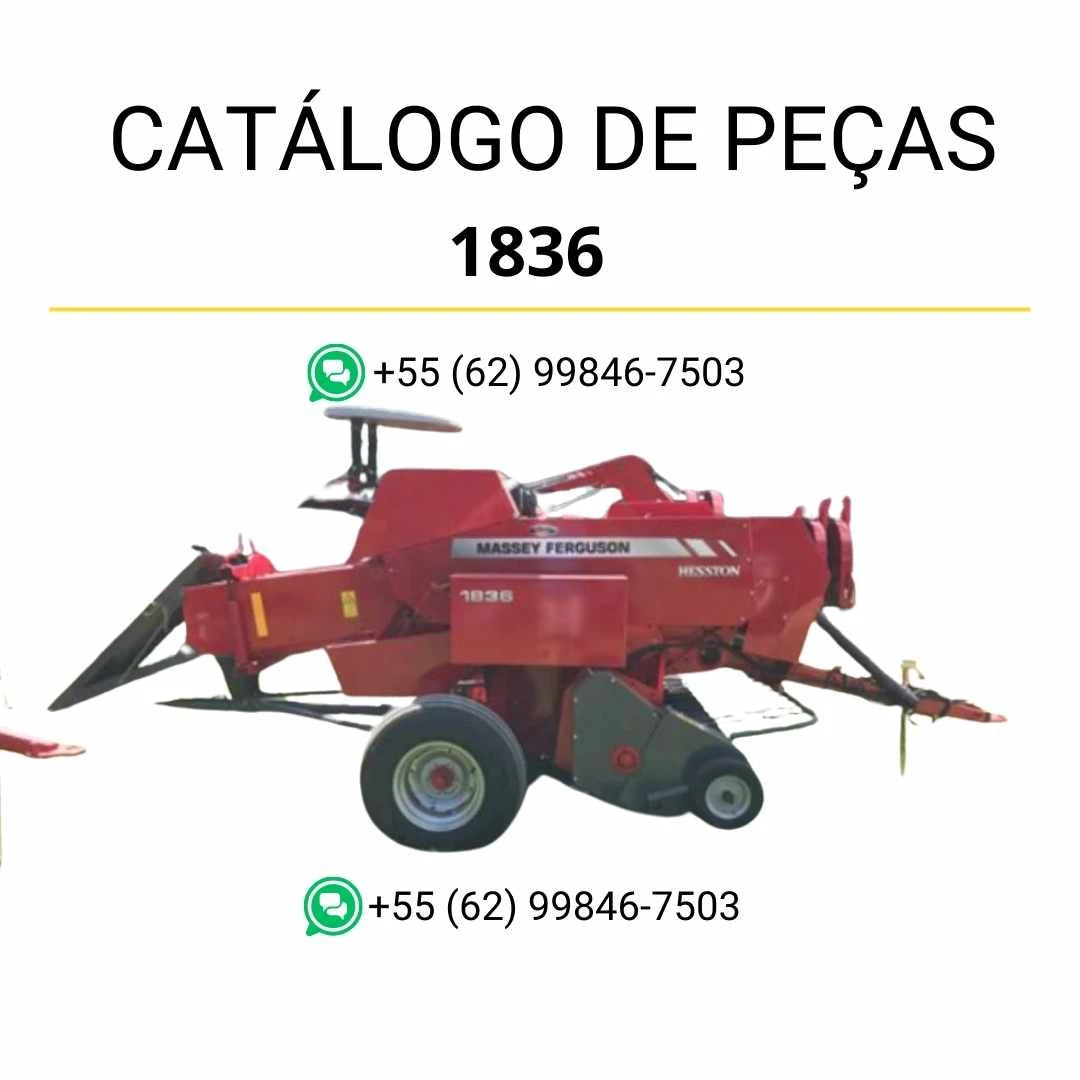Catálogo de peças Massey Ferguson 1836 enfardadeira retangular em PDF, com vistas técnicas detalhadas e identificação clara dos componentes.