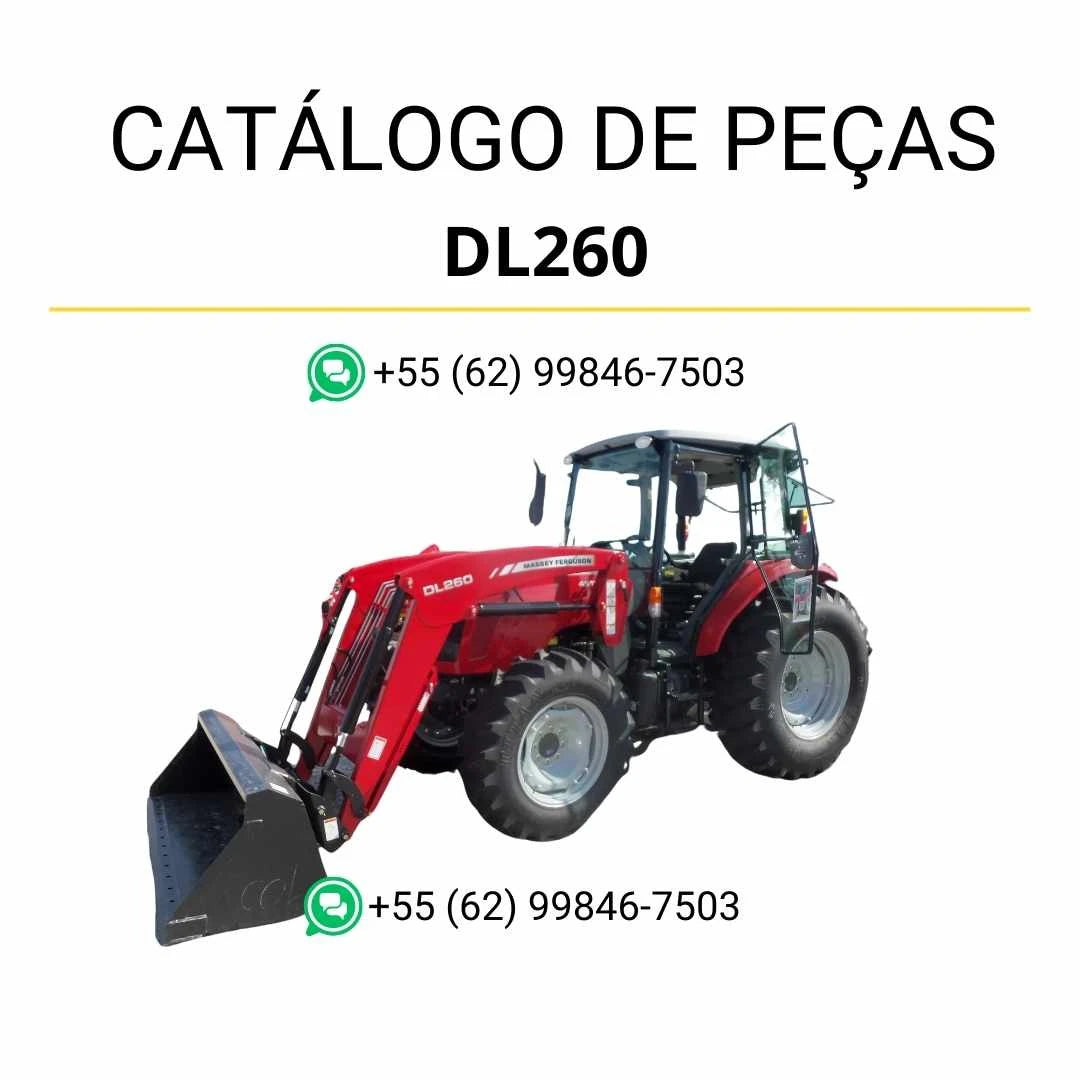 Catálogo de peças Massey Ferguson DL260 em PDF com diagramas técnicos e identificação detalhada dos componentes do carregador montado