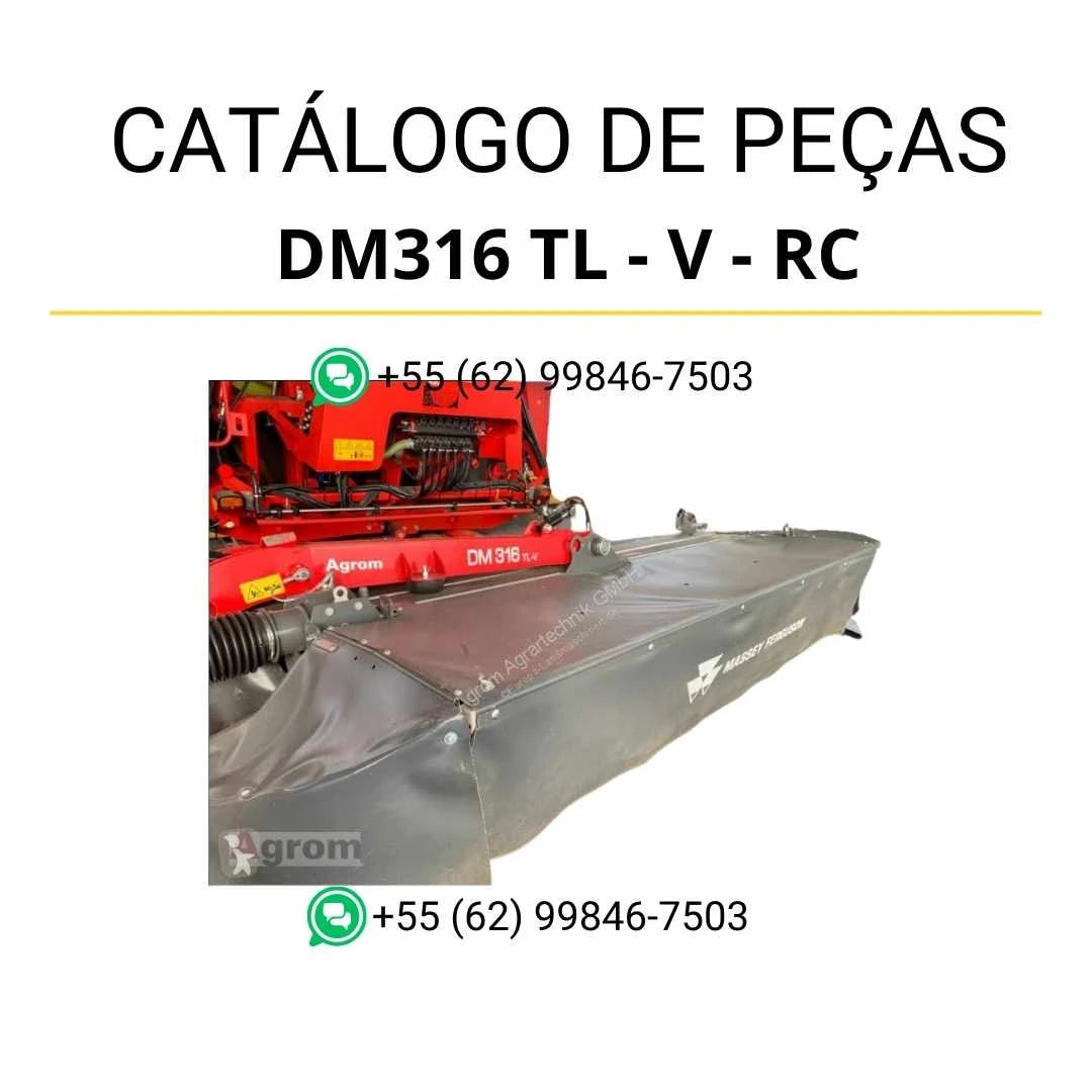 Catálogo de peças Massey Ferguson DM316 TL V RC NYL em PDF com diagramas ilustrados e identificação detalhada dos componentes da cortadora