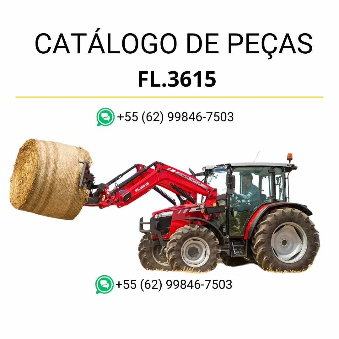 Catálogo de peças Massey Ferguson FL3615 em PDF com ilustrações técnicas do carregador frontal e detalhamento dos componentes originais