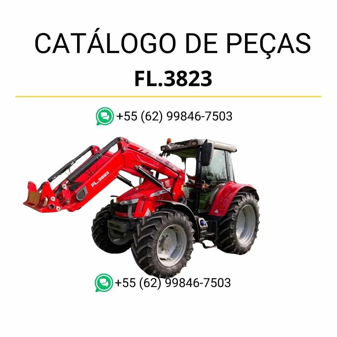 Catálogo de peças Massey Ferguson FL3823 em PDF com diagramas ilustrados e identificação detalhada dos componentes do carregador frontal