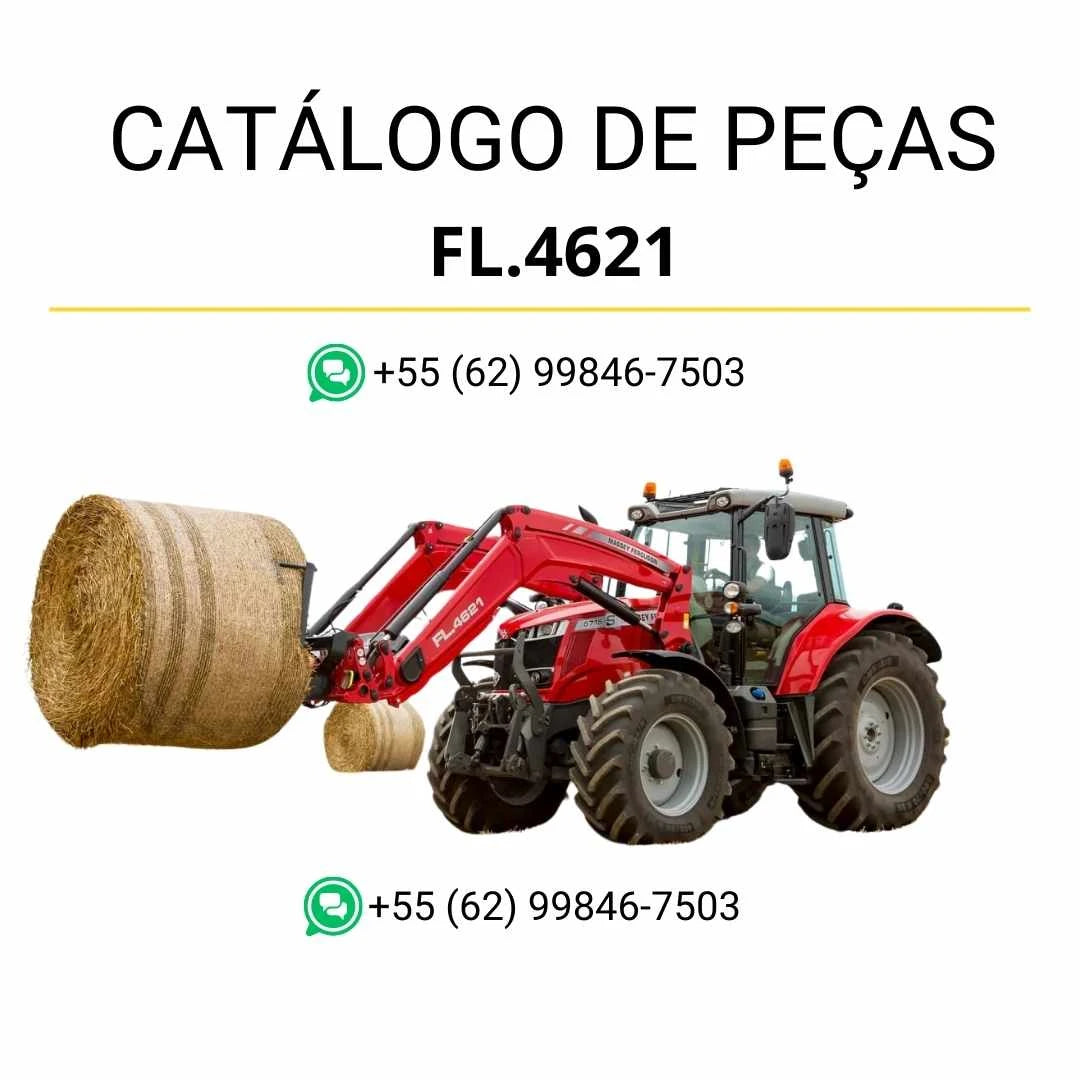 Catálogo de peças Massey Ferguson FL.4621 em PDF com ilustrações técnicas do carregador frontal e identificação completa dos componentes