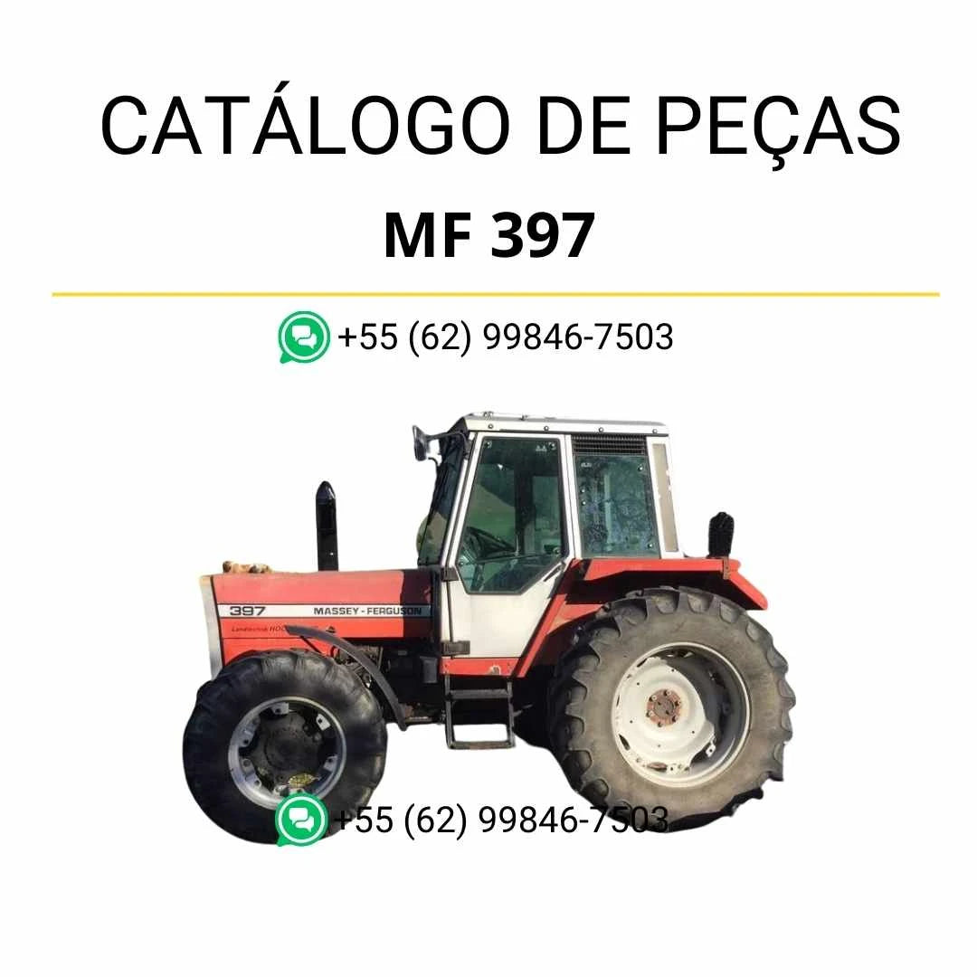 Catálogo de peças Massey Ferguson MF 397 em PDF com ilustrações técnicas, identificação de componentes e vistas detalhadas do trator