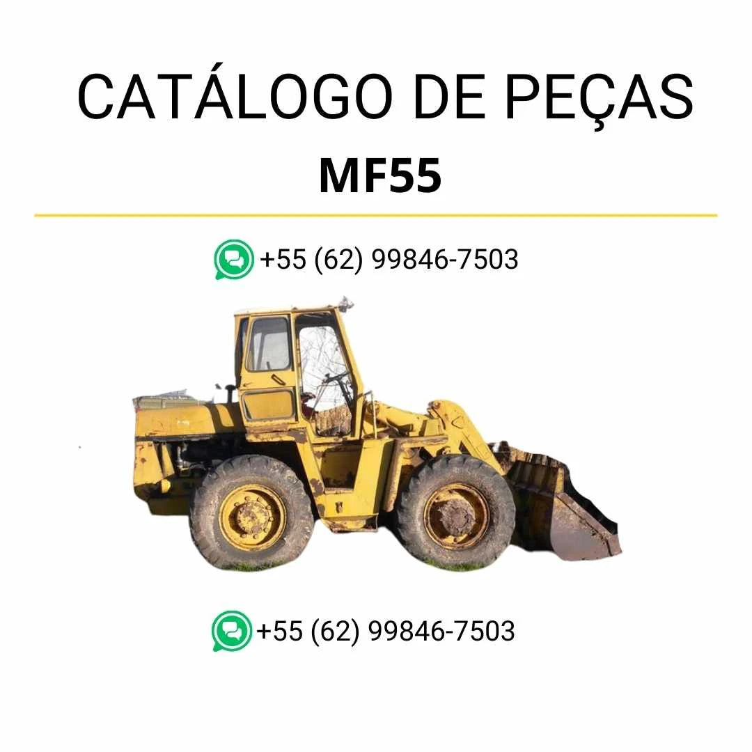 Catálogo de peças PDF Massey Ferguson MF55 para carregadeira, com ilustrações técnicas e identificação precisa de componentes mecânicos.