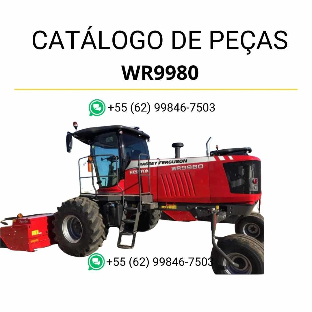 Catálogo de peças PDF Massey Ferguson WR9980 Windrower para trator, com ilustrações técnicas e identificação completa de componentes.