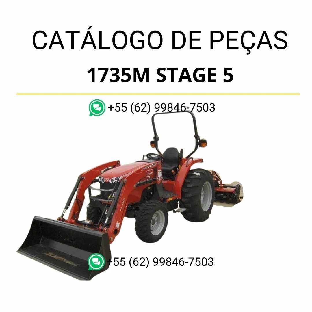 Catálogo de peças Massey Ferguson 1735M Stage 5 em PDF, com diagramas técnicos, lista de componentes originais e referências completas de manutenção.