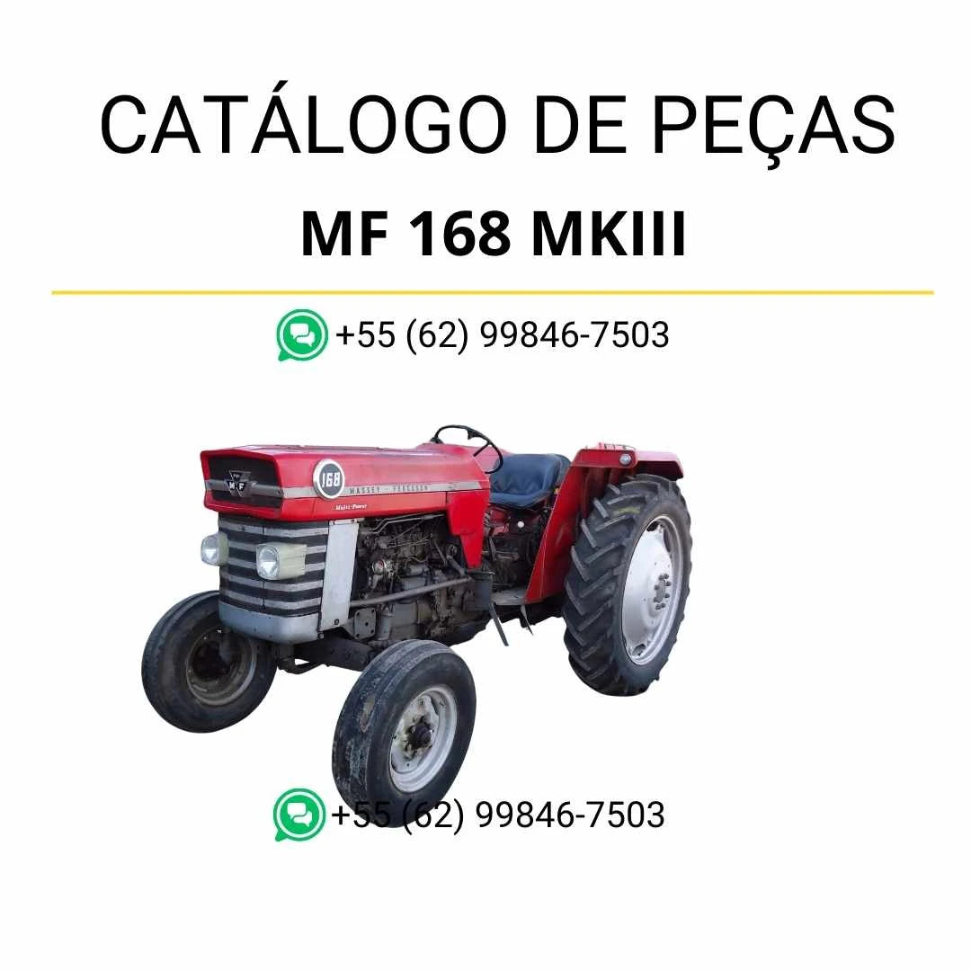 Catálogo de peças Massey Ferguson MF 168 MKIII / 168 F para trator em PDF, com diagramas técnicos completos e identificação detalhada dos componentes originais.