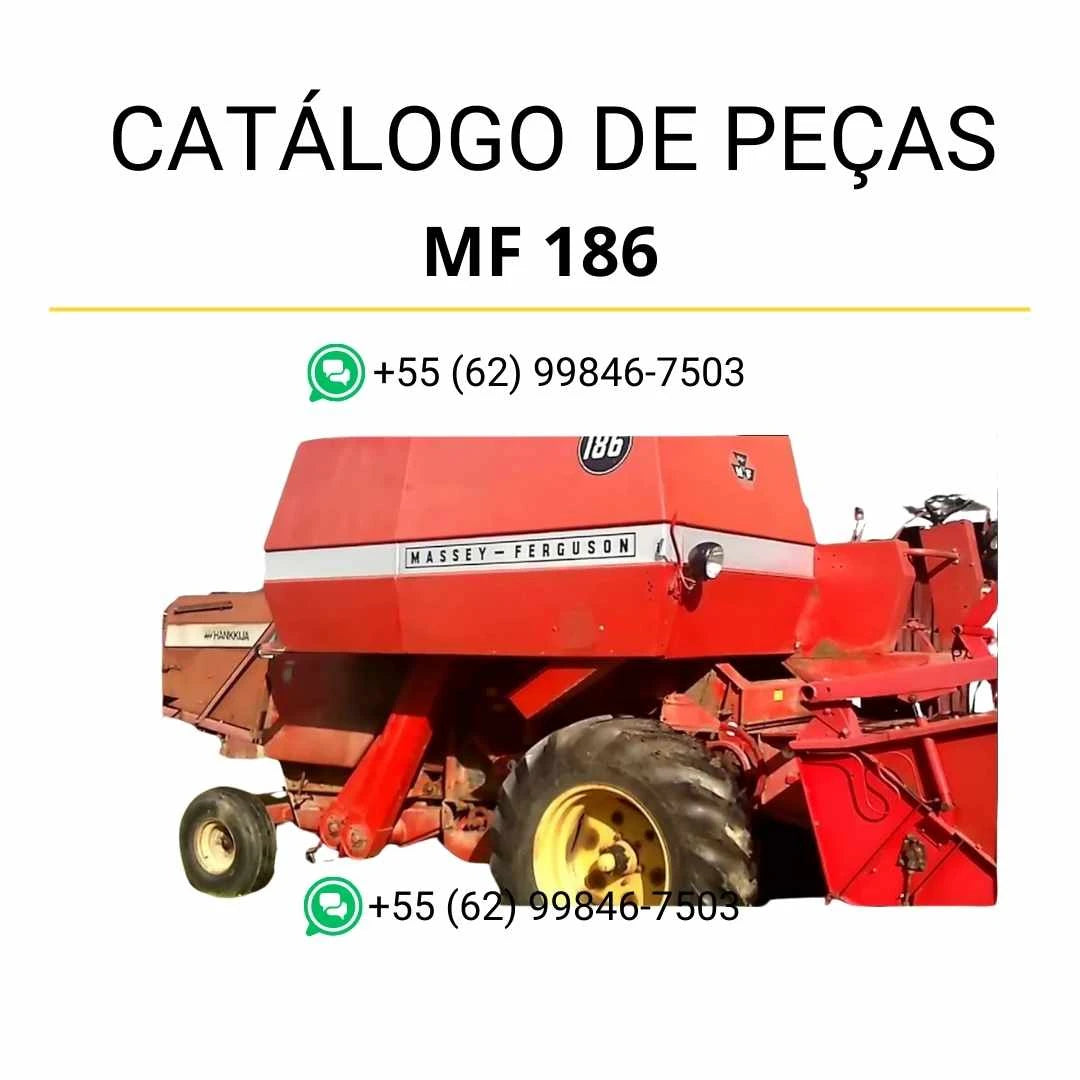 Catálogo de peças Massey Ferguson MF 186 Combine para colheitadeira em PDF, com ilustrações técnicas detalhadas e identificação completa dos componentes originais.