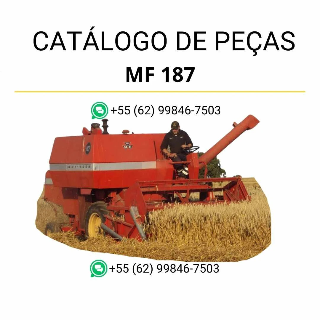 Catálogo de peças Massey Ferguson MF 187 Combine para colheitadeira em PDF, com diagramas técnicos e identificação completa dos componentes originais.