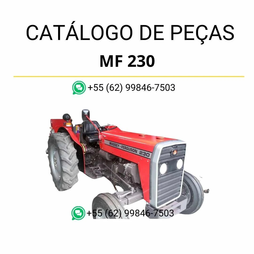 Catálogo de peças Massey Ferguson MF 230 para trator em PDF, com diagramas técnicos e identificação completa dos componentes originais.