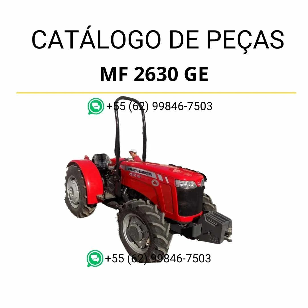 Catálogo de peças Massey Ferguson MF 2630 GE em PDF, com ilustrações técnicas e lista completa de componentes do trator.