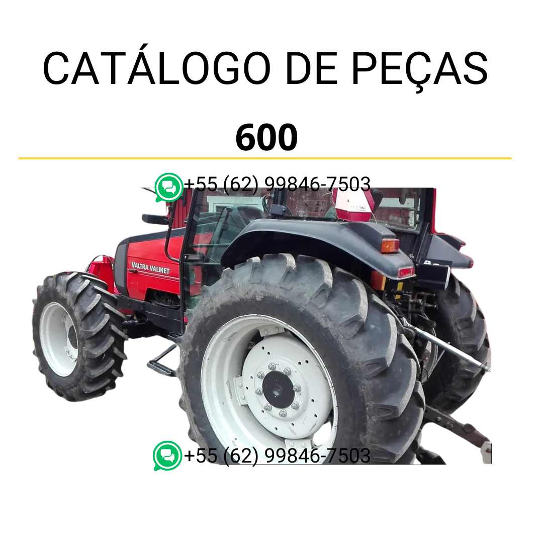 Catálogo de peças Valtra 600 (600–900 Series) em PDF — apresenta diagramas técnicos completos, lista detalhada de componentes originais e instruções de identificação das peças do trator.