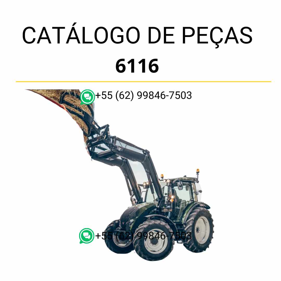 Catálogo de peças Valtra 6116 em PDF — guia técnico ilustrado com diagramas completos e lista detalhada de componentes originais do carregador frontal agrícola.