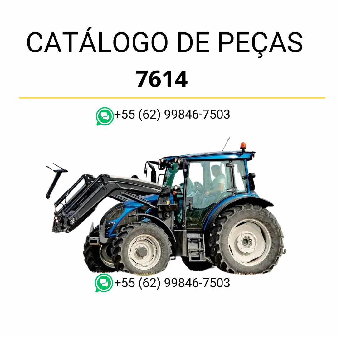 Catálogo de peças Valtra 7614 em PDF — lista completa de componentes originais com diagramas técnicos detalhados e ilustrações do carregador frontal agrícola.