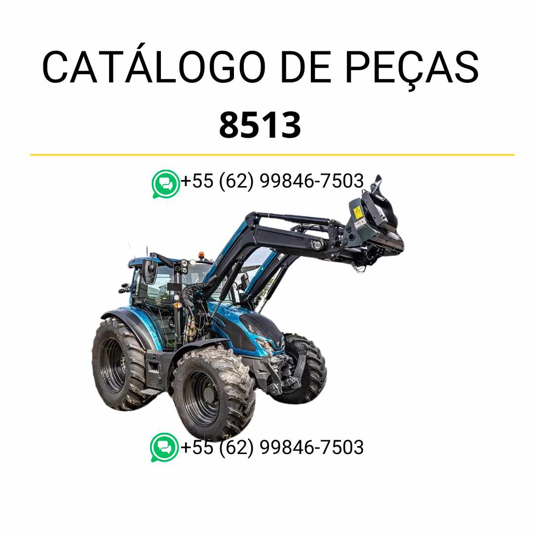 Catálogo de peças Valtra 8513 em PDF — guia técnico ilustrado com diagramas detalhados e lista completa de componentes originais do carregador frontal agrícola.
