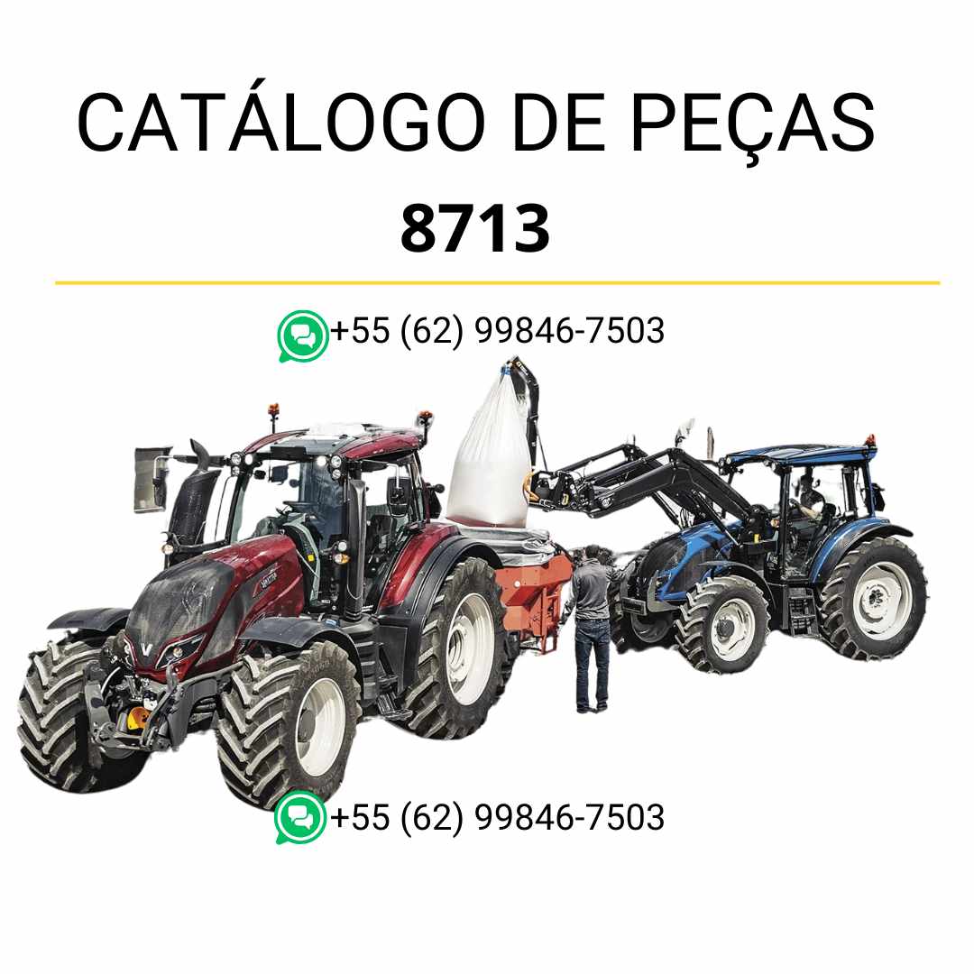 Catálogo de peças Valtra 8713 em PDF — guia técnico completo com diagramas ilustrados e lista detalhada de componentes originais do carregador frontal agrícola.