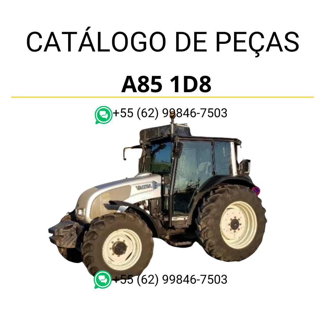 Catálogo de peças Valtra A85 1D8 (A Series) em PDF — contém ilustrações técnicas precisas, códigos de peças originais e guia detalhado para manutenção e reposição de componentes do trator agrícola.
