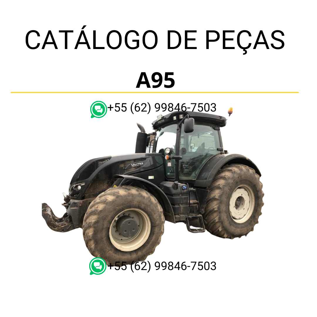 Catálogo de peças Valtra A95 (A Series) em PDF — contém diagramas técnicos ilustrados, códigos de peças originais e lista detalhada para manutenção e identificação completa do trator agrícola.