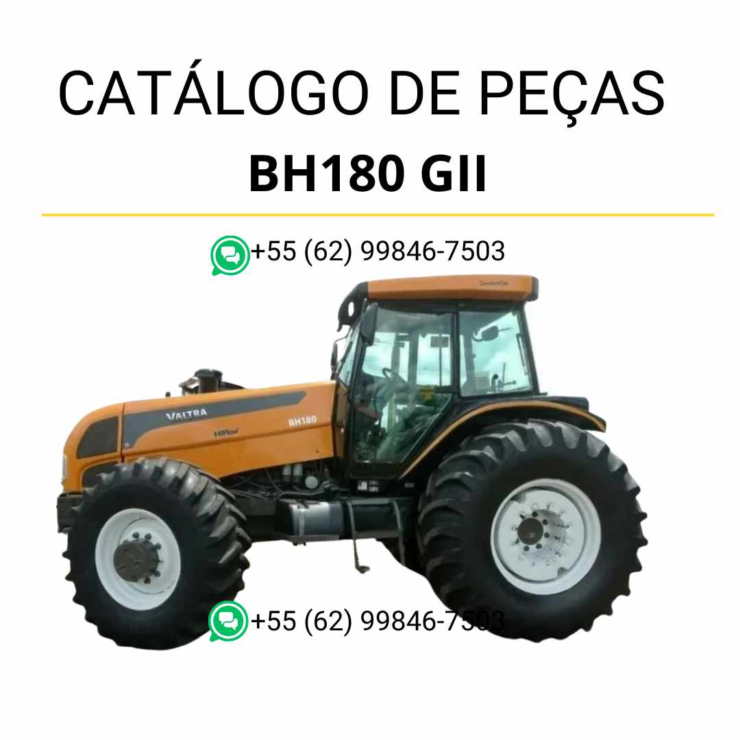 Catálogo de peças Valtra BH180 GII (BR) em PDF — apresenta diagramas técnicos detalhados, identificação de componentes originais e guia ilustrado completo para manutenção do trator agrícola.