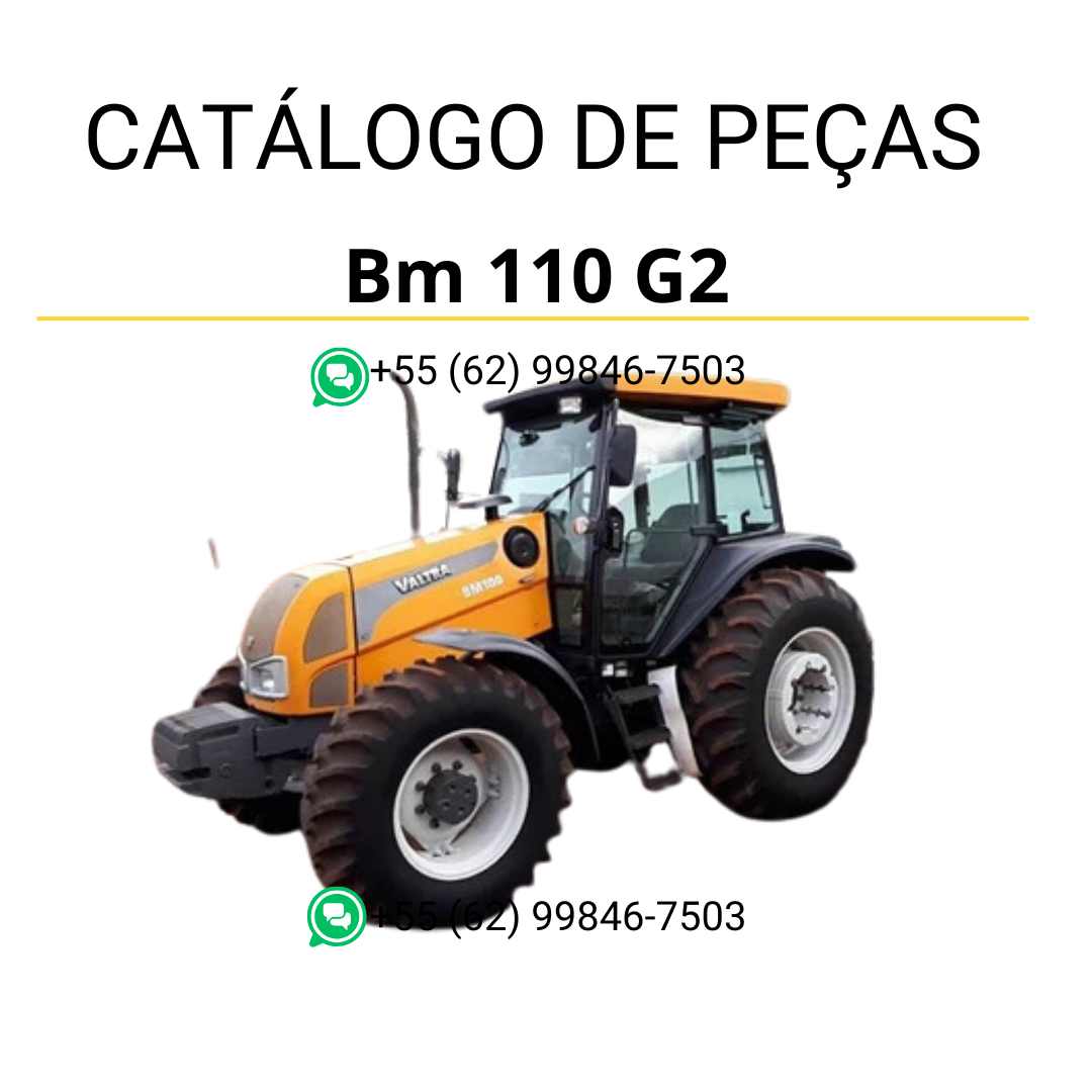 Catálogo de peças Valtra BM110 G2 em PDF — apresenta diagramas técnicos detalhados, lista de componentes originais e referências completas para manutenção do trator agrícola.
