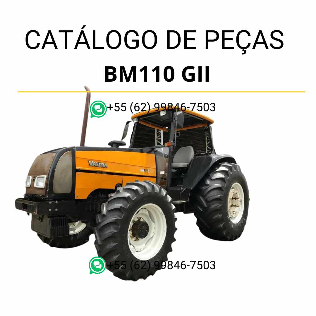 Catálogo de peças Valtra BM110 GII em PDF — contém diagramas técnicos completos, lista de componentes originais e códigos detalhados das peças do trator agrícola.