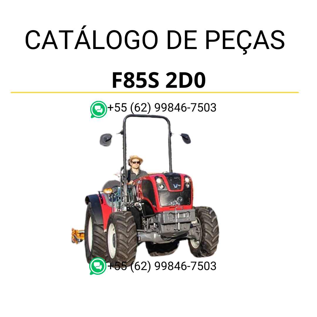 Catálogo de peças Valtra F85S (F Series) em PDF — traz diagramas técnicos detalhados, lista completa de componentes originais e ilustrações precisas para manutenção e identificação do trator fruteiro agrícola.