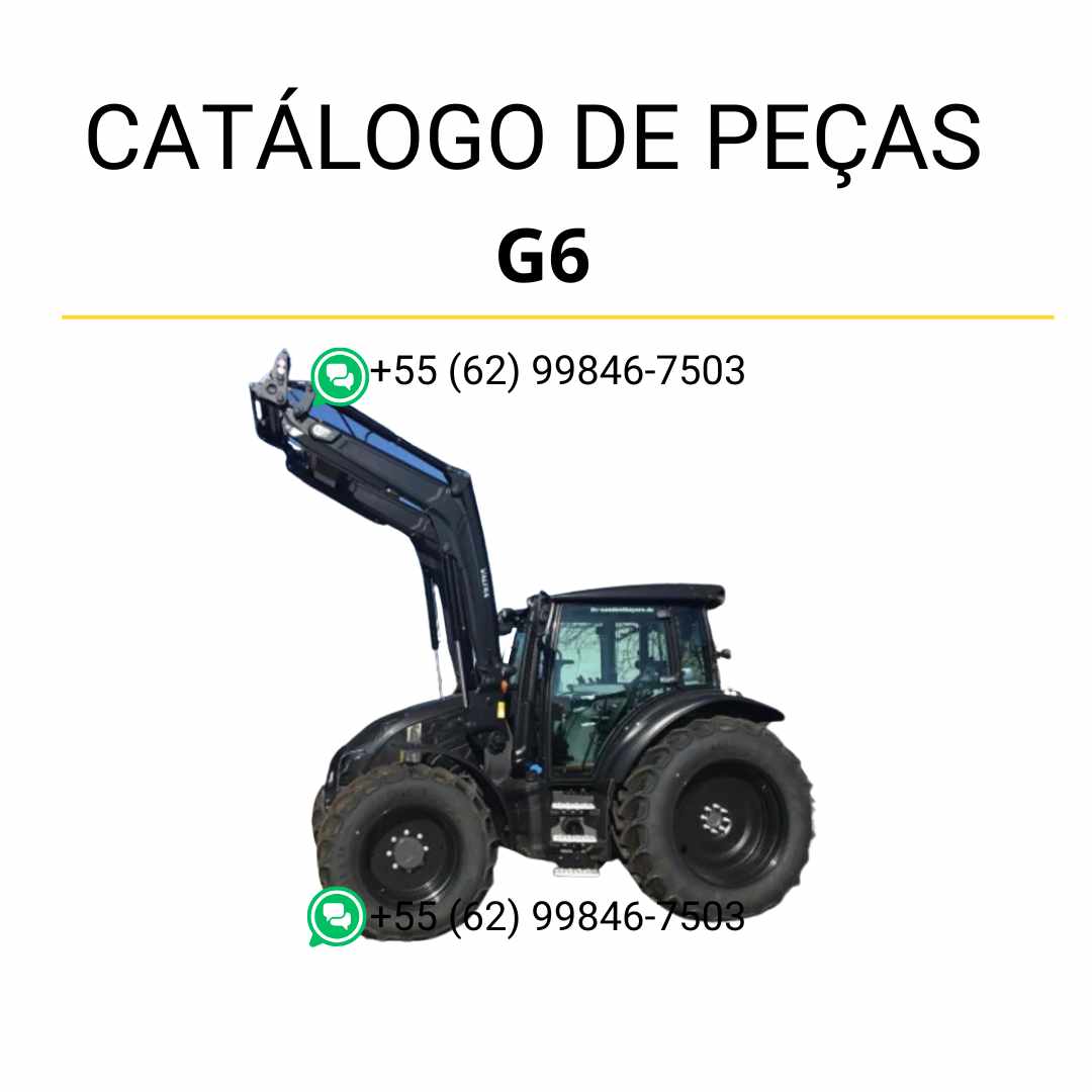 Catálogo de peças Valtra G6 em PDF — lista detalhada de componentes originais com diagramas técnicos e ilustrações completas do carregador frontal agrícola.