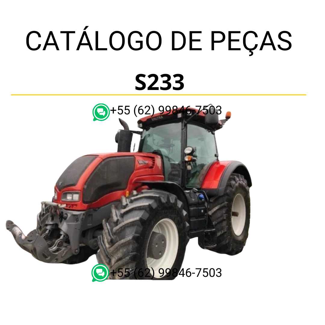 Catálogo de peças Valtra S233 em formato PDF, com diagramas detalhados e lista completa de componentes originais do trator.
