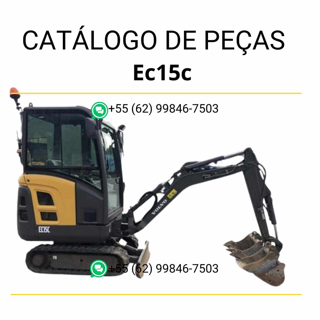 Catálogo de peças em PDF para escavadeira compacta Volvo EC15C, com diagramas técnicos em português para identificação de componentes e manutenção detalhada.