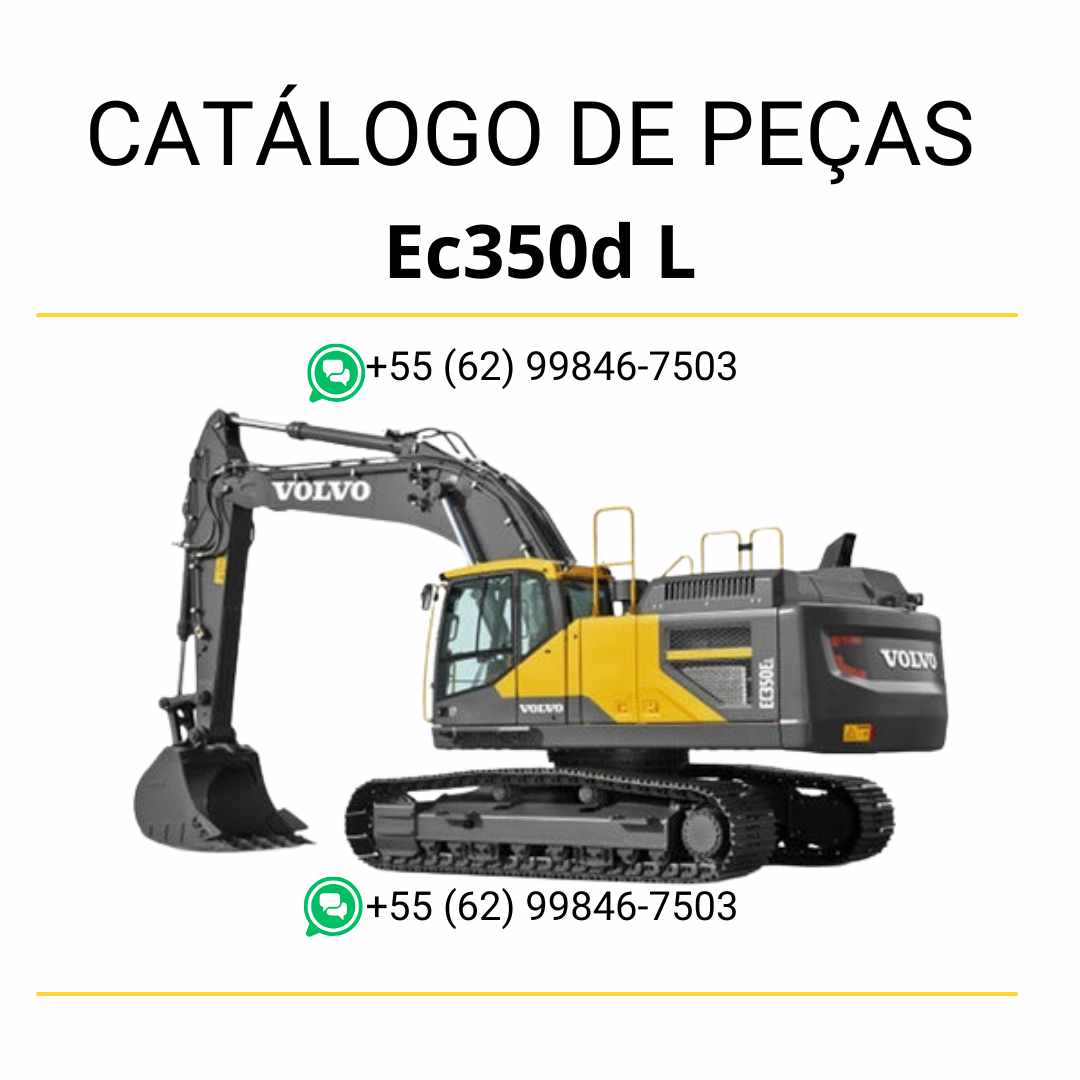 Catálogo de peças em PDF da escavadeira Volvo EC350D L, com conteúdo técnico em português e diagramas detalhados para manutenção e identificação de componentes.