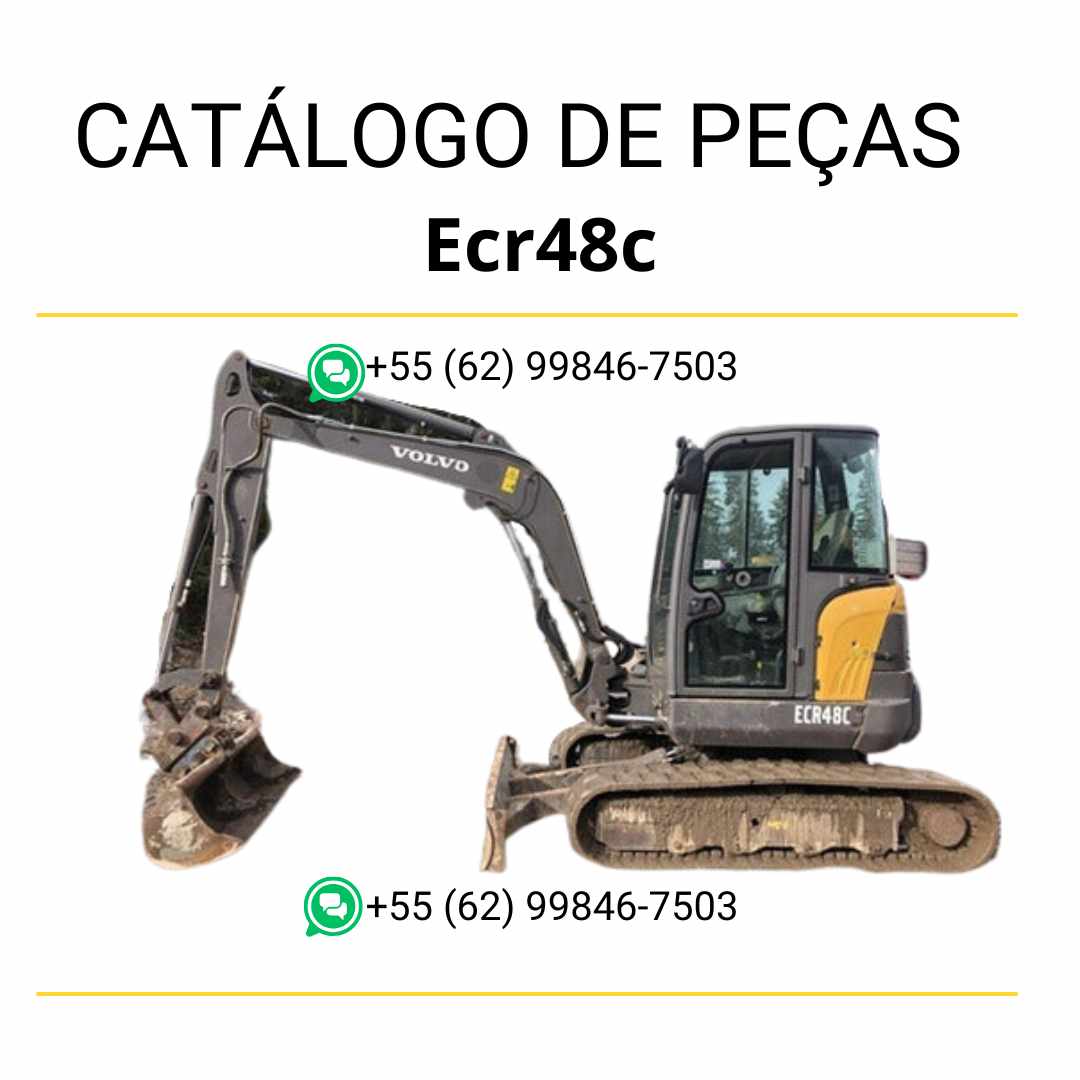 Catálogo de peças em PDF para escavadeira compacta Volvo ECR48C, com diagramas técnicos completos em português para manutenção e identificação de componentes.