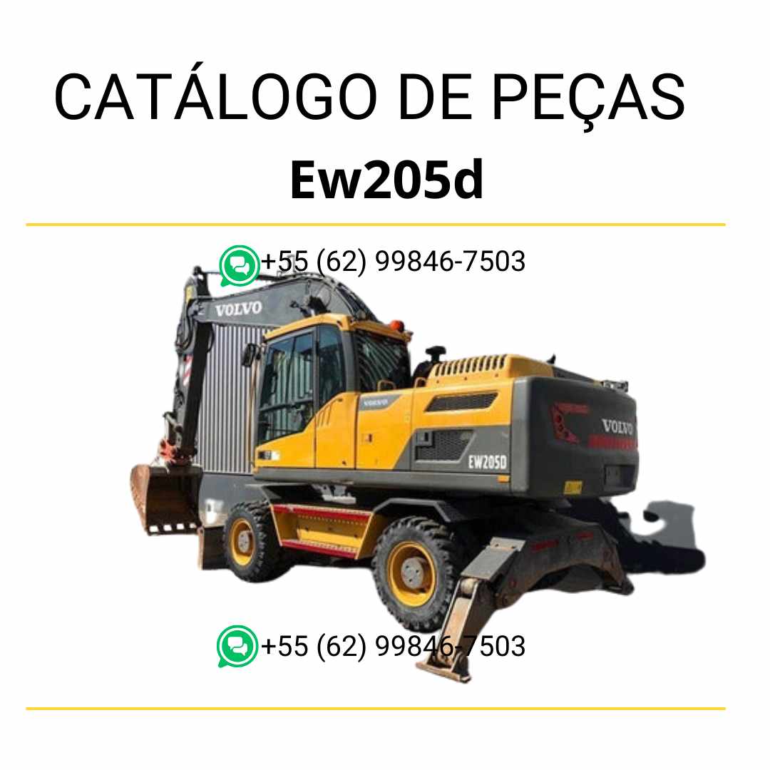 Catálogo de peças da escavadeira Volvo EW205D em PDF, conteúdo em português com diagramas e códigos completos dos componentes.