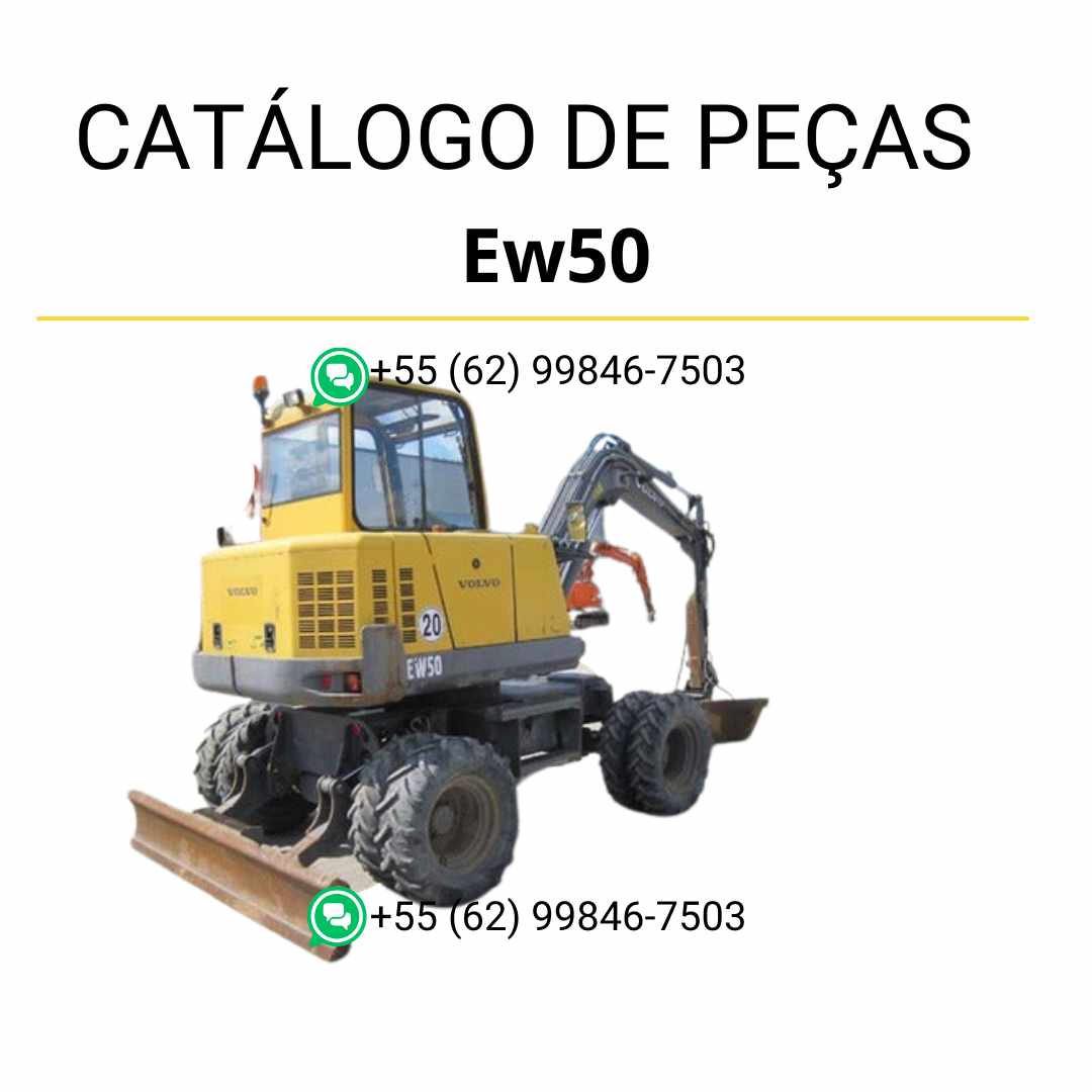Catálogo de peças em PDF para escavadeira compacta Volvo EW50, com diagramas técnicos completos em português para suporte à manutenção e identificação de componentes.