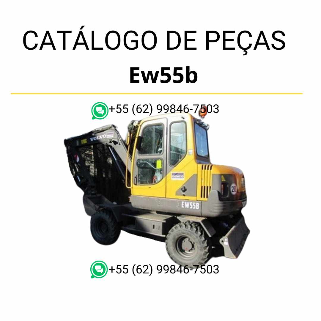 Catálogo de peças em PDF para escavadeira compacta Volvo EW55B, com diagramas técnicos completos em português para manutenção e identificação de componentes.