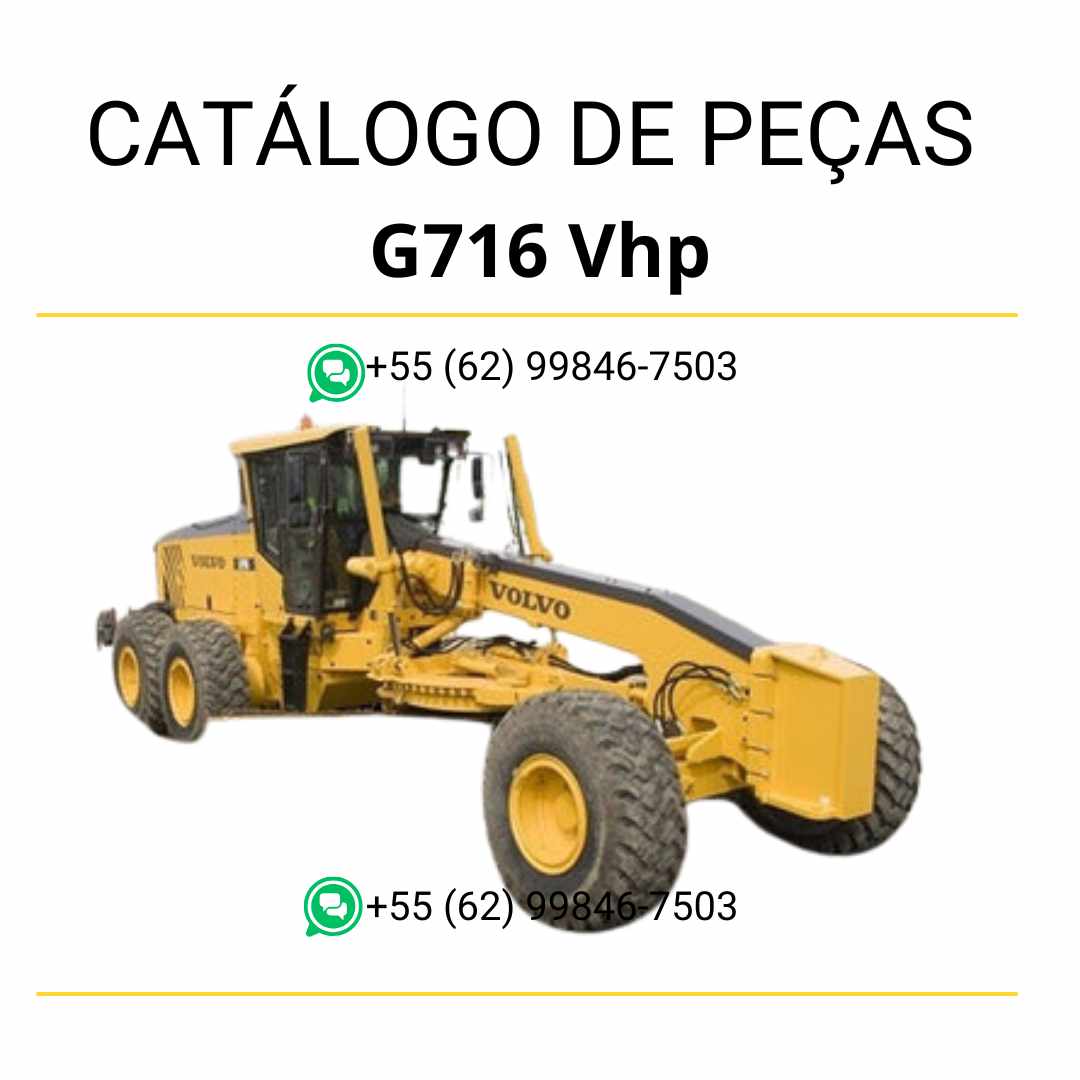Catálogo de peças em PDF da motoniveladora Volvo G716 VHP, com diagramas técnicos detalhados e conteúdo em português para manutenção