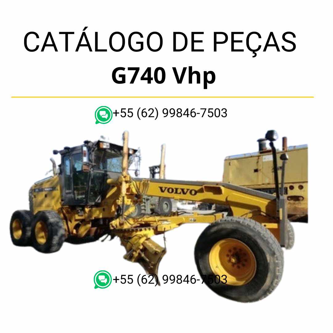 Catálogo PDF em português da motoniveladora Volvo G740 VHP com listas de peças, códigos e diagramas técnicos detalhados para manutenção