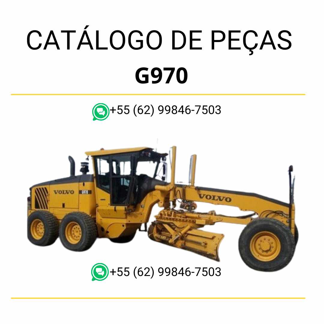 Catálogo de peças em PDF da motoniveladora Volvo G970, com conteúdo em português, diagramas técnicos e códigos completos para manutenção