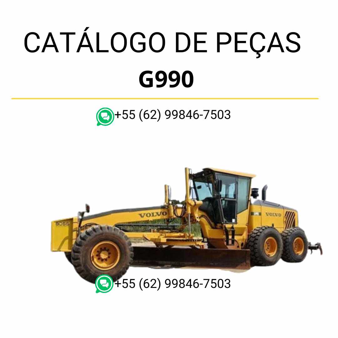 Catálogo de peças em PDF da motoniveladora Volvo G990, com conteúdo em português, diagramas técnicos detalhados e códigos de componentes originais