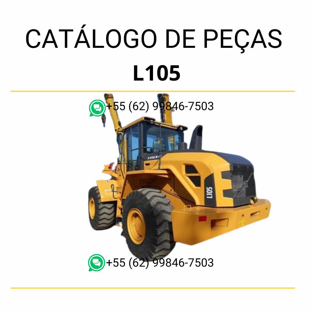 Catálogo de peças em PDF da pá carregadeira Volvo L105, com conteúdo técnico em português, diagramas ilustrados e códigos para reposição